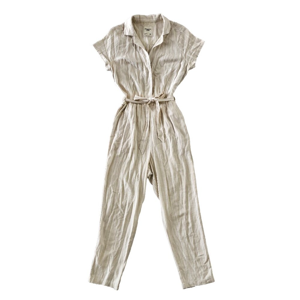 Abercrombie & Fitch Womens Size M Cream-White Striped Linen Blend Jumpsuit